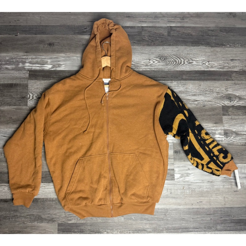 Handmade Upcycled Tapestry Sleeve Zip Up Hoodie Brown Large Custom Streetwear